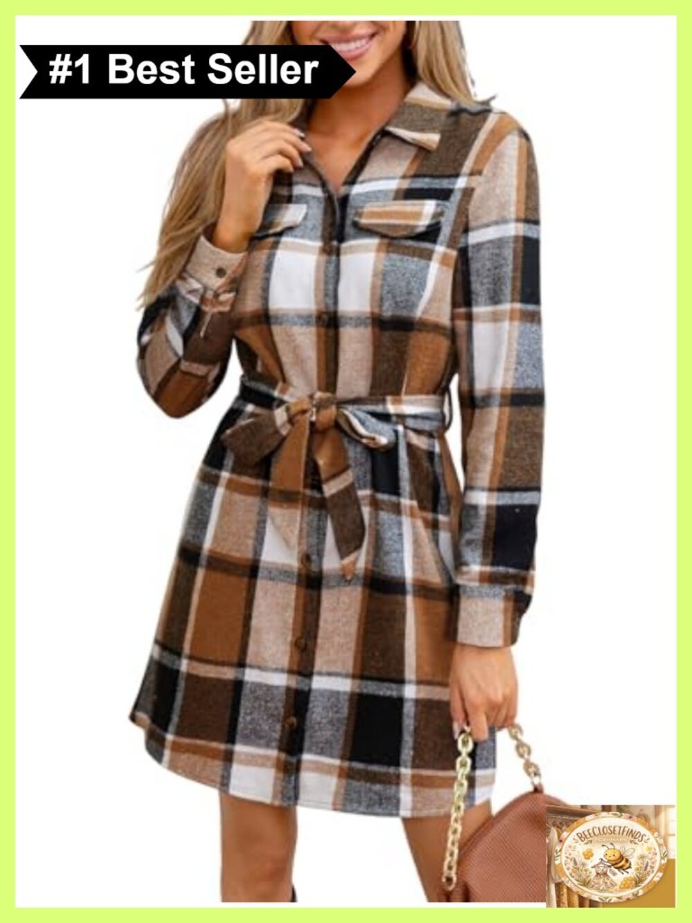 Plaid Shirt Dress Long Sleeve Belted Mini A-Line Fall Casual